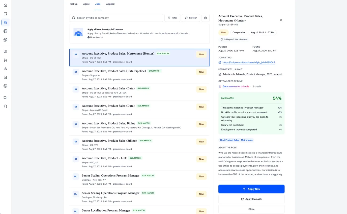Auto Apply job list with match scores and a job detail panel